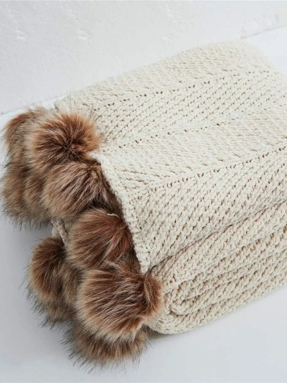 Fur Pom Pom Knit Throw Blanket  51 x 63in